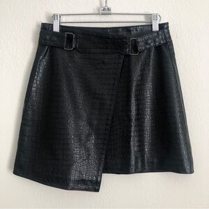 Asymmetrical Black Faux Crocodile Leather Wrap Miniskirt